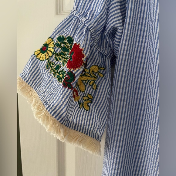 NWT Rebellion Embroidered Blue & White Striped Seersucker Shift Dress Sz XL - Picture 3 of 10